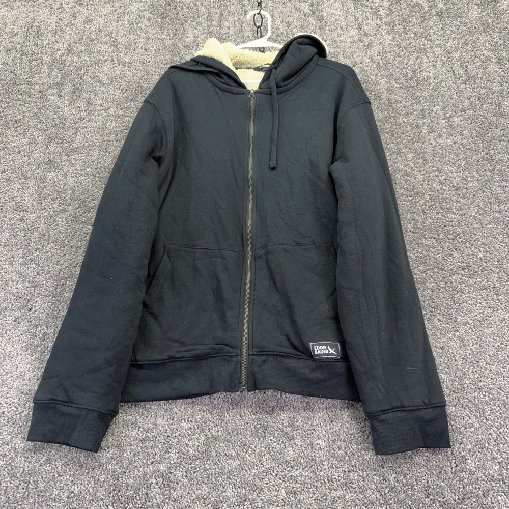 Eddie Bauer Zip Hoodie Mens XL Black Sherpa Lined Full Zip